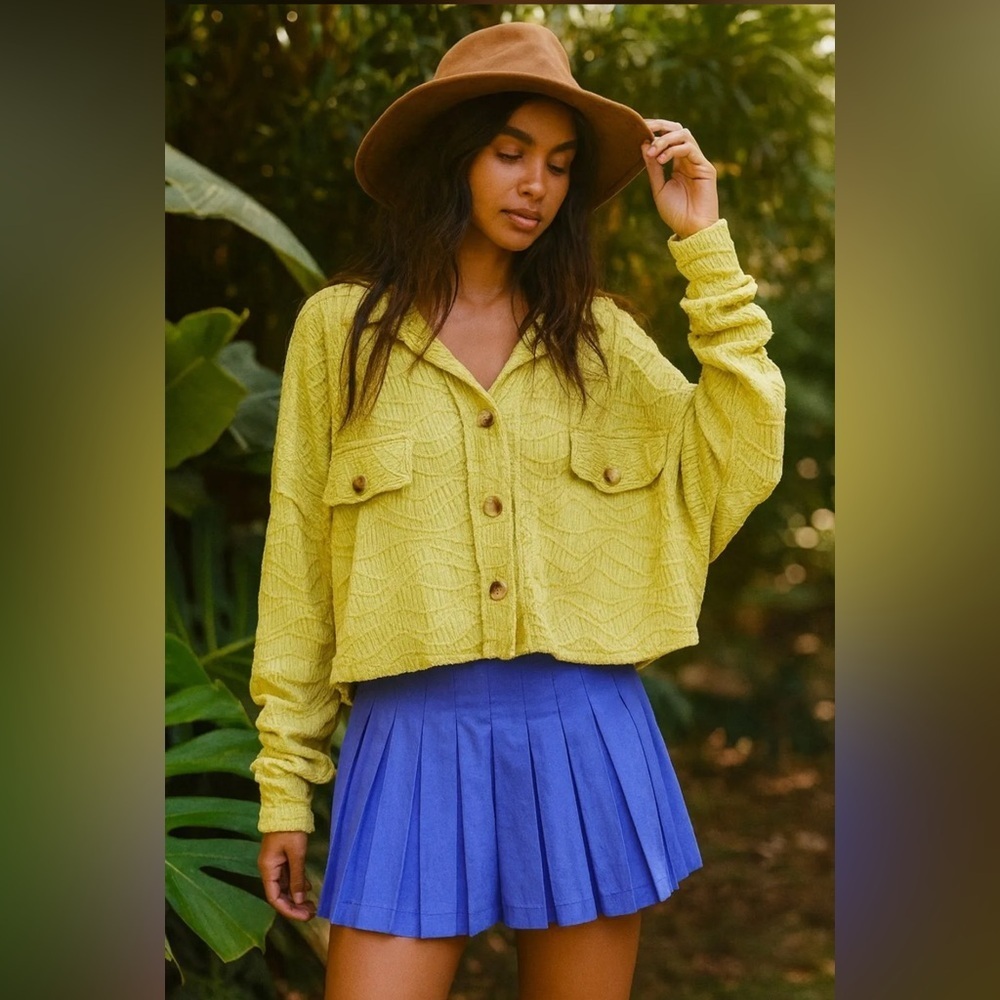 Yellow Button-Up Jacket with Blue Pleated Skirt